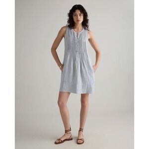 Quince European Linen Sleeveless Mini Swing Dress Blue White Pinstripe Large